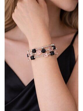 REIMAGINED Pink & Black Glass Bead Bracelet 7” Silver Tone Multi Strand - toggle